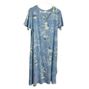 Vtg Womens Coconut Bay Nautical Midi Dress Size XL Blue‎ Knit Beach Lighthouses